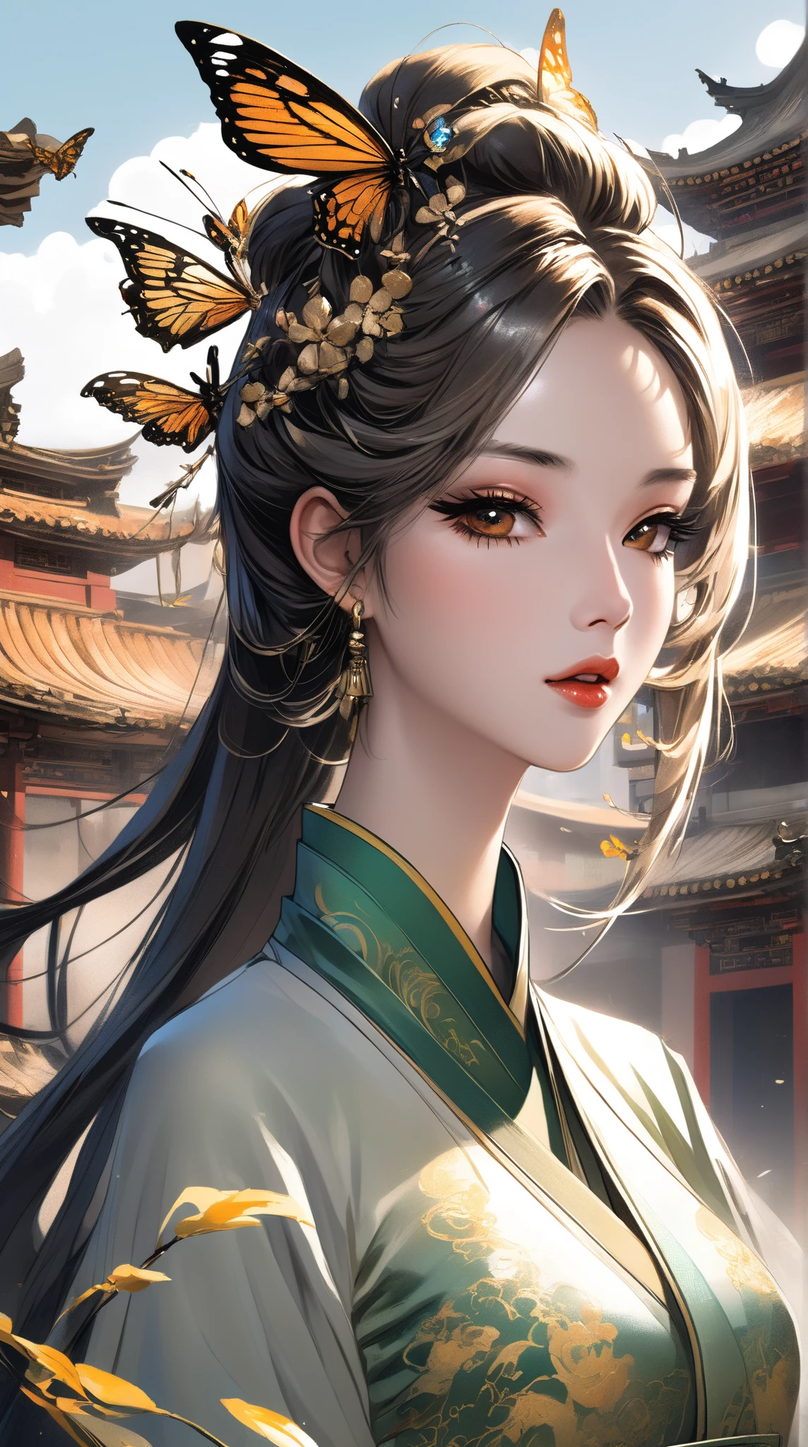 ((whole body)), samdoesarts style award winning whole body portrait of a beautiful woman, (((Perfect female face )),((ancient chinese clothing)), ((Tattered Hanfu)), pavilion, Complex, (   Beautiful details Eyes  ),(([butterfly hairpin, twisted hair, Double ball head)), (Sunlight), Shade illustration, digital art, Cyberpunk city in Artstation trend ,  Very detailed,  Fine Details , 錯綜Complex,  artgerm and rutkowski and alphonse mucha art ,