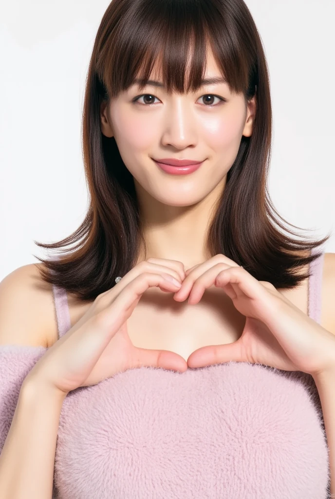 Only one woman with a cute smile wears cute, fluffy off-shoulder pajamas, makes a big heart shape with both hands, and poses them in front of her chest, View above collarbone、The background is a monotone 、
