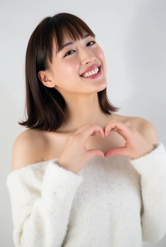 Only one woman with a cute smile wears cute, fluffy off-shoulder pajamas, makes a big heart shape with both hands, and poses them in front of her chest, View above collarbone、The background is a monotone 、
