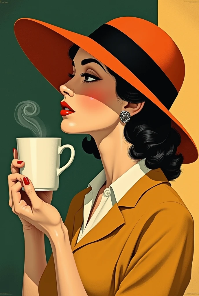 Woman in a hat with a cup of coffee, art deco poster, art deco ...