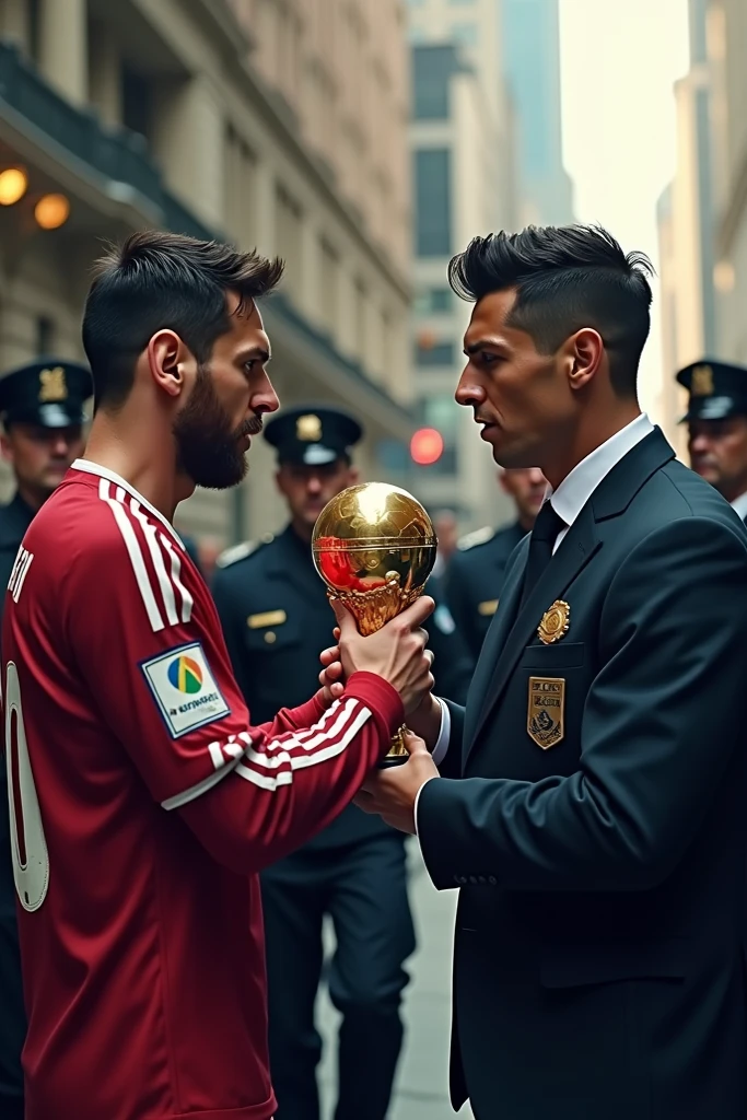 Man in suit completely bald, kissing messi next to the world cup, Behind them, referees with their hands up next to Argentine players 
