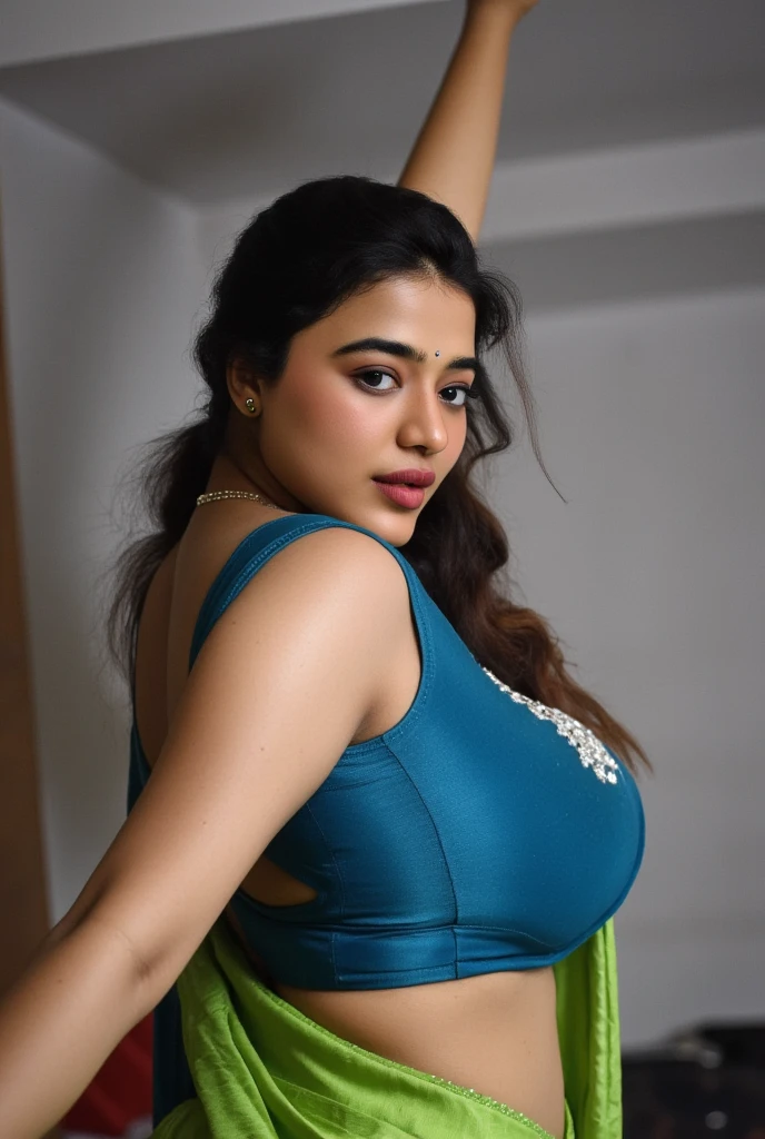 from bottom view, long shot photo of sexy indian, look at viewer and subtle smile, curvy athletic figure, open arms, sexy armpits, sweating, doing push ups in fog, ponytail, necklace, white see through lace bra, blue and green  saree with low necked blouse, glossy lips, (cinematic:1.3), intricate details, (ArtStation:1.2)