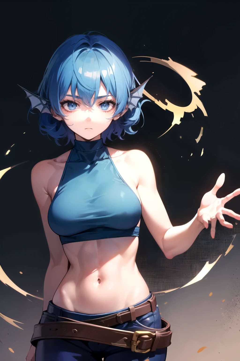 wakasagihime, 1women, age 20, medium breast, thick thighs, blind, blue hair, short hair, head fins, sleeveless crop top, cloth tight pants, silk, monk, medieval, fantasy, blank expression, focused, sharp look, hands down, masterpiece, best quality, standing strong, (fit:0.9), (muscular:0.7).