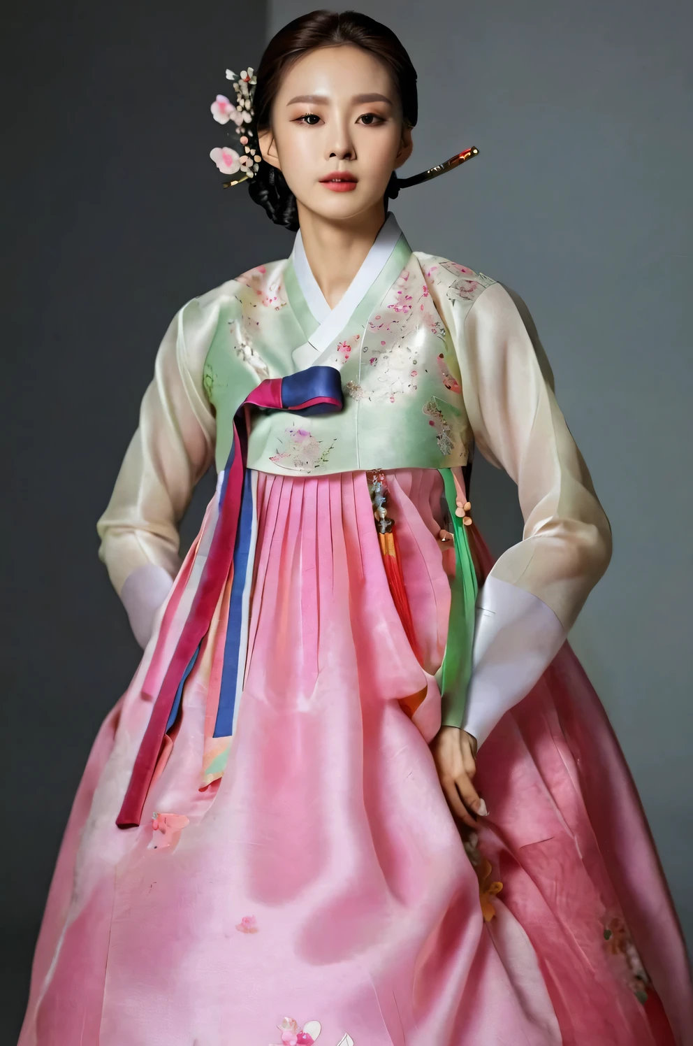 A Korean man in women's hanbok, hi is crossdresser, His face and hairstyle are very masculine, silk, Mother of the Bride hanbok Dress Outfit, breasts like a woman, pink and red, slender female body, floral pattern
