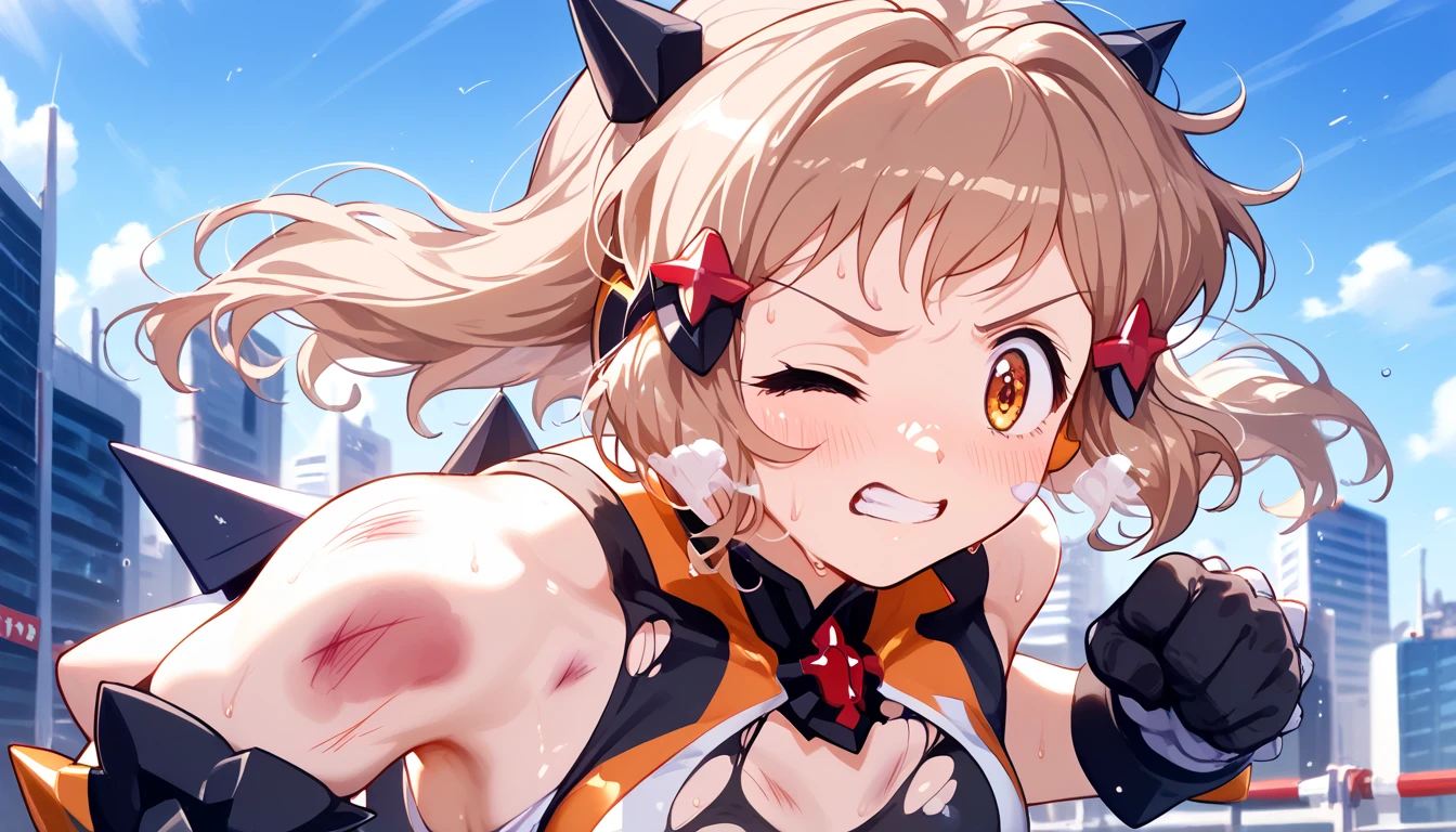  best quality,  soft light you're handling,  ultra high resolution, cute, beautiful face down to the smallest detail , high resolution details of human skin texture, shiny skin,sweat,Heat, white breath ,Hibiki Tachibana ,Brown Hair,Short Hair,City, Battle Costume,whole body,teeth,Pump your fist,Big eyes,Symphogear, I'm surprised, tremendous impact,bruised body,armed gear , closed mouth , one eye closed, torn clothes, highlight off 