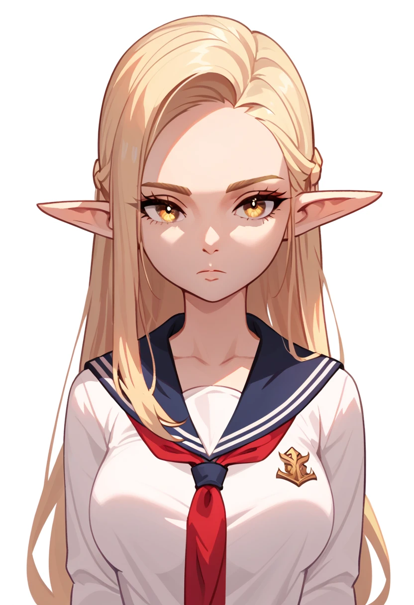 score_9, score_8_up, score_7_up, score_6_up, score_5_up, score_4_up, show accurate, (((portrait))), (solo), white background, (girl, younger, elf), long blonde hair, golden eyes, expressionless, big breasts, serafuku,