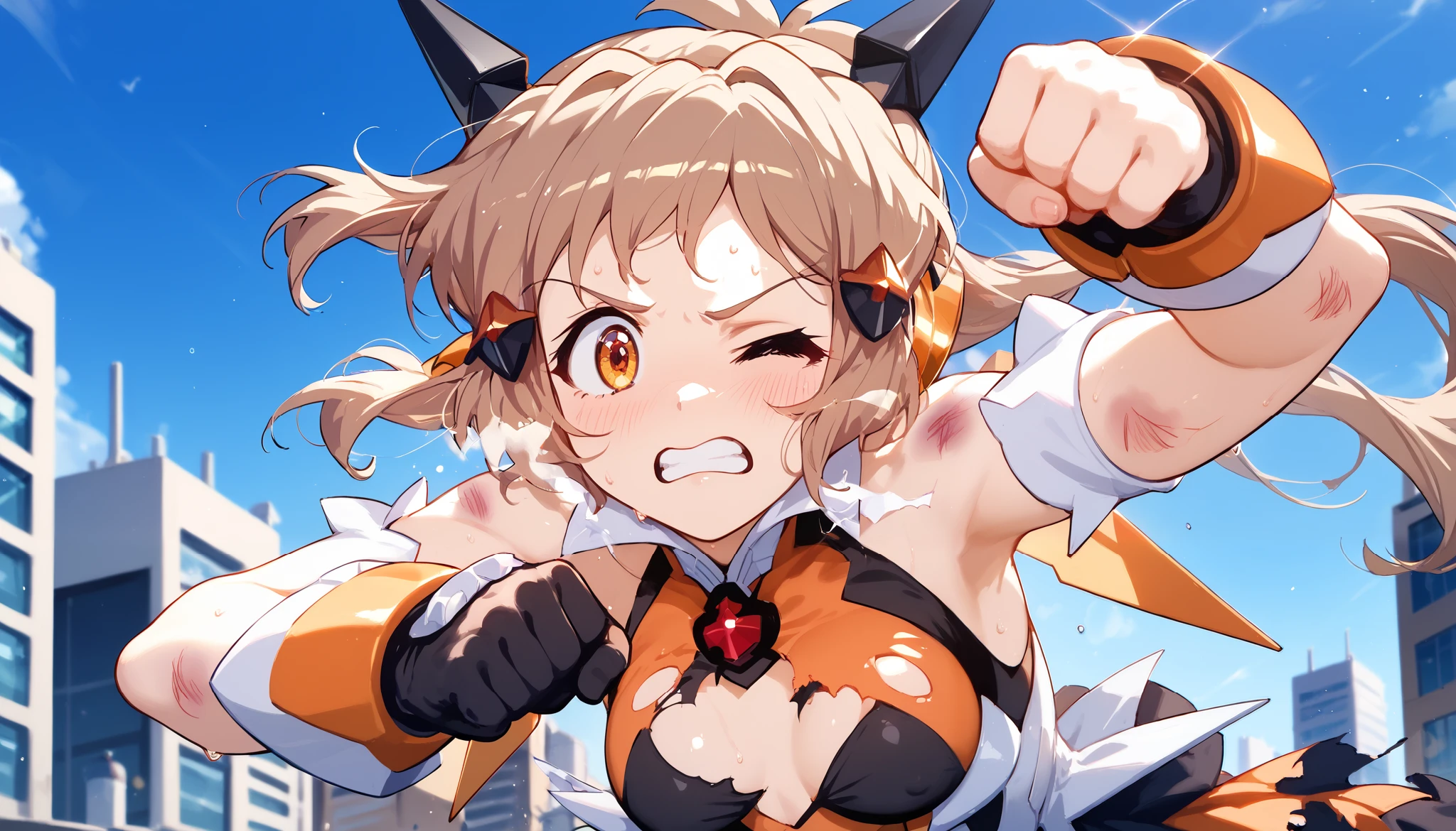  best quality,  soft light you're handling,  ultra high resolution, cute, beautiful face down to the smallest detail , high resolution details of human skin texture, shiny skin,sweat,Heat, white breath ,Hibiki Tachibana ,Brown Hair,Short Hair,City, Battle Costume,whole body,teeth,Pump your fist,Big eyes,Symphogear, I'm surprised, tremendous impact,bruised body,armed gear , closed mouth , one eye closed, torn clothes, highlight off 