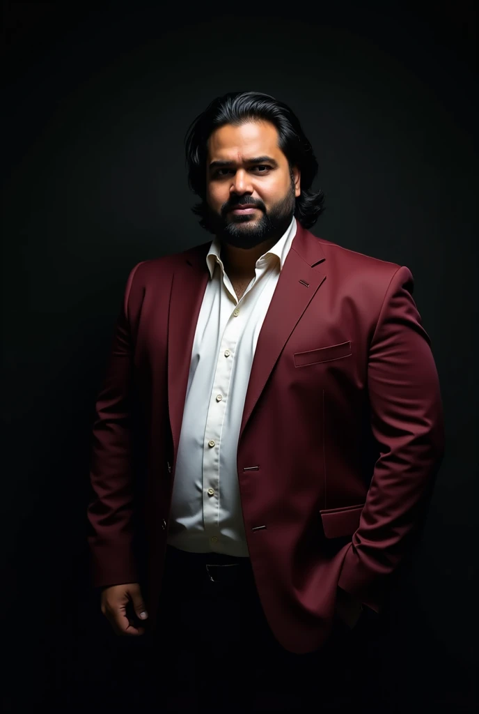 Create a fat man, with a short beard, glasses, slanted eyes, thick eyebrow, round face with double chin, short black hair and skin the color of an Indian and a wide nose, gross mouth... behind a table, sitting in a beige modern elegant suit and a white dress shirt underneath, wide open.... and a gold necklace... behind the man there is a shelf with books on philosophy and psychology, a modern statue of a human head and a statue with the symbol of psychology... the ambience is modern, luxurious