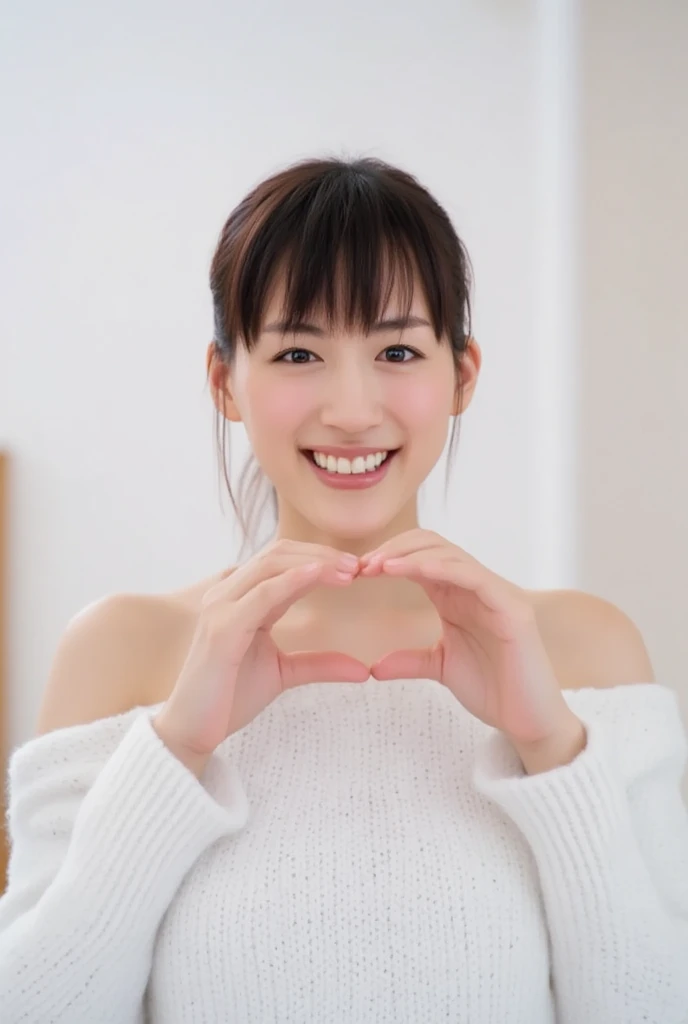 Only one woman with a cute smile wears cute, fluffy off-shoulder pajamas, makes a big heart shape with both hands, and poses them in front of her chest, View above collarbone、The background is a monotone 、
