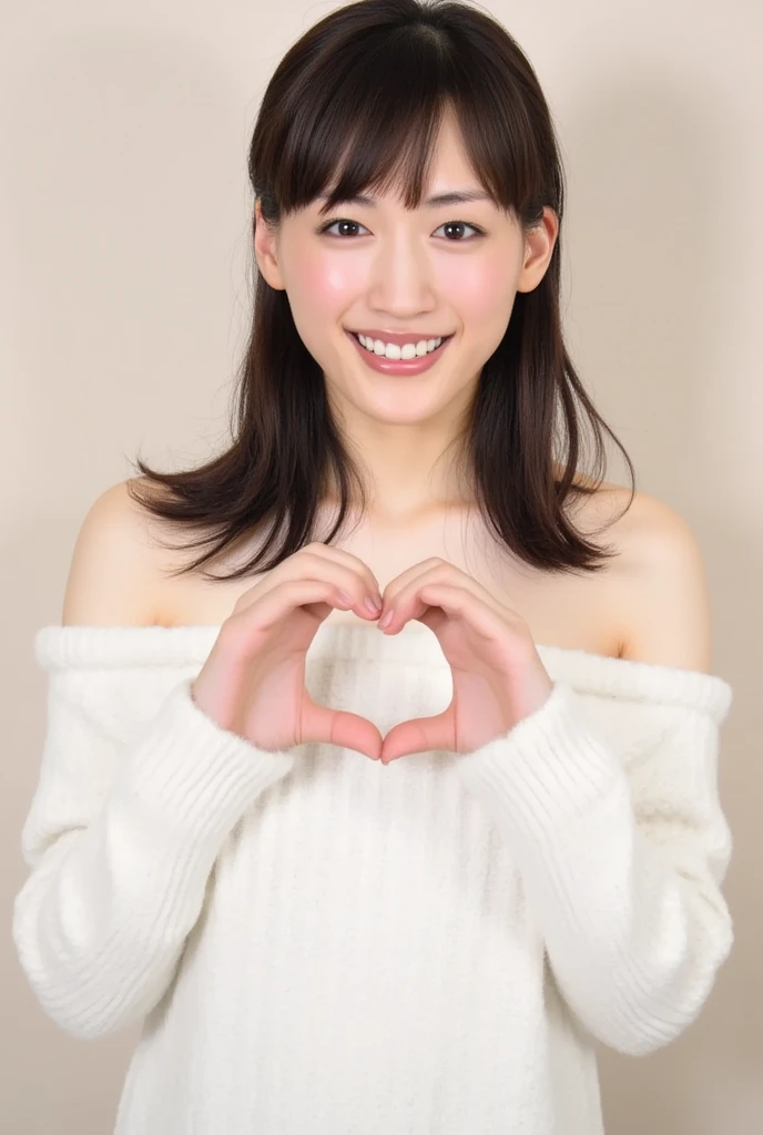 Only one woman with a cute smile wears cute, fluffy off-shoulder pajamas, makes a big heart shape with both hands, and poses them in front of her chest, View above collarbone、The background is a monotone 、
