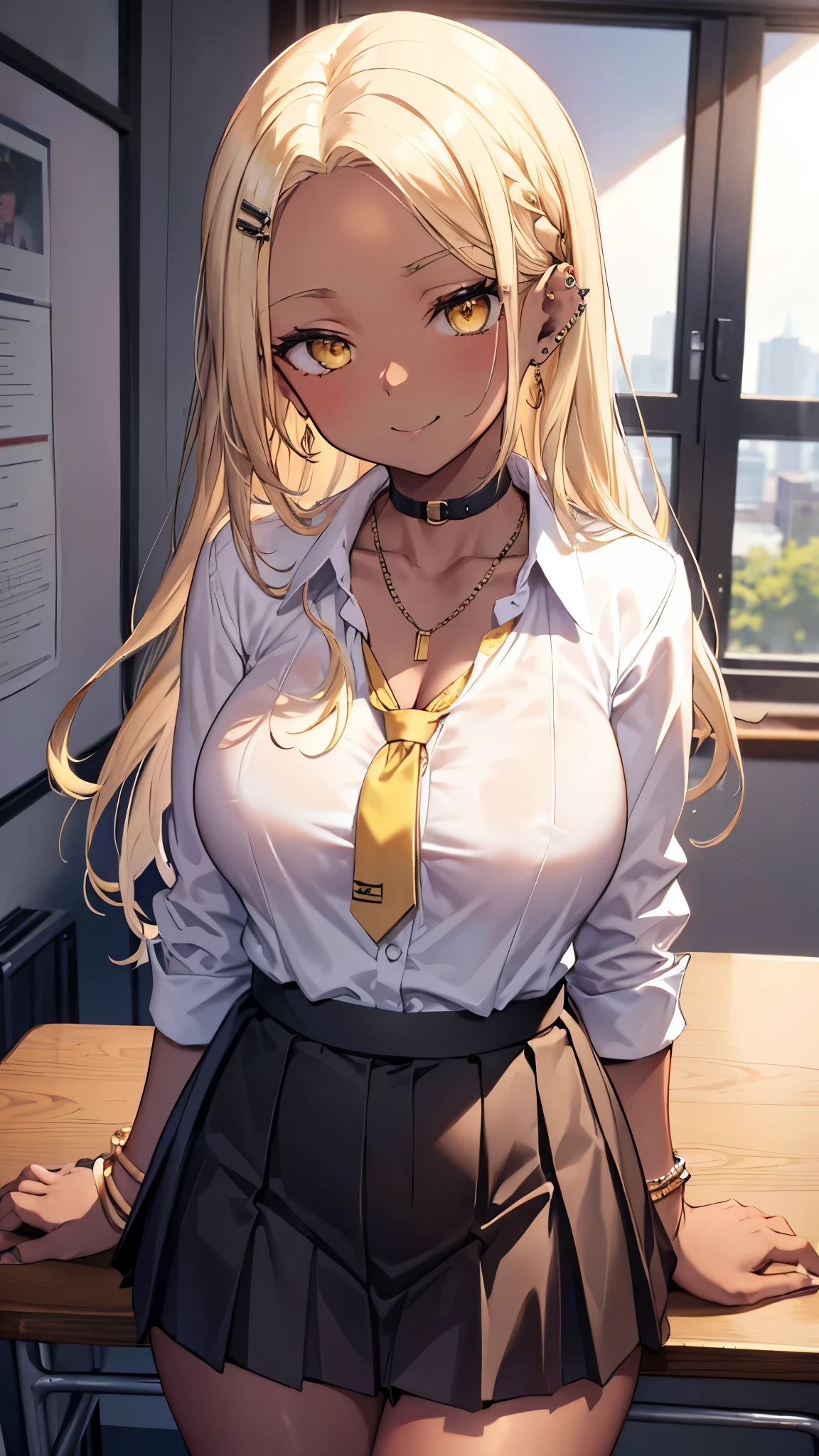 ((masterpiece、 best quality、 Very detailed))、 one girl 、improve、(( brown skin:1.3))、Yellow Hair、 long hair、((bold、slicked back))、forehead、Yellow Eyes、evil smile、((lots of piercing))、(( Big Breasts ))、(( white collared shirt ))、((clavicle))、 Necklaces 、 bracelets staring at the viewer、(( Black Pleated Skirt ))、((micro miniskirt))、 Cowboy Shot 、 Classroom Background