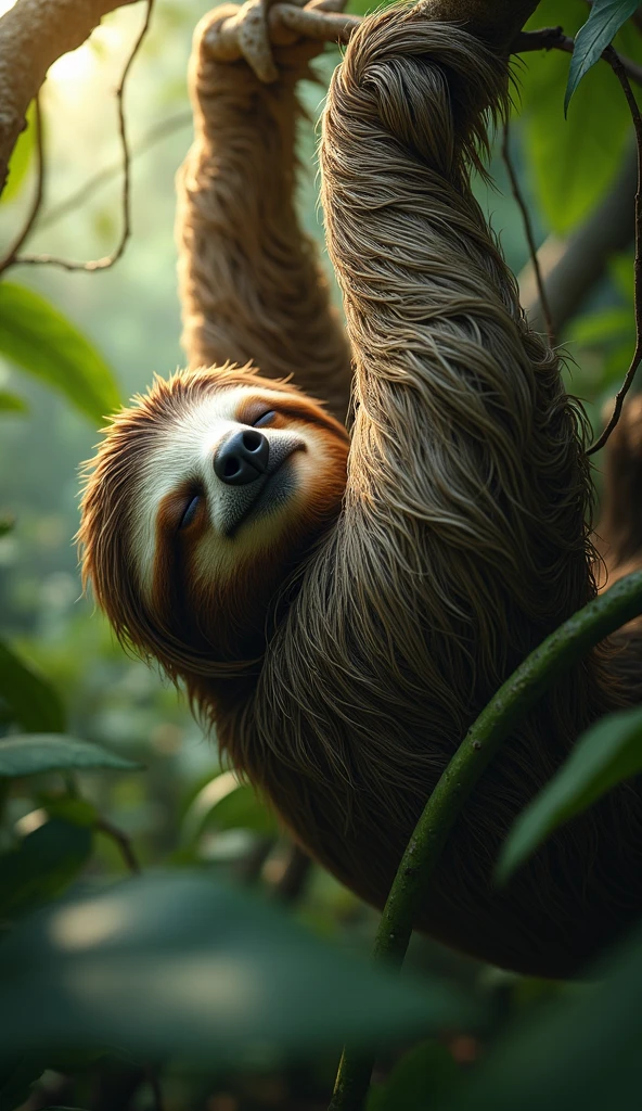 A close-up of a sleepy sloth hanging upside down from a tree branch in a dense rainforest.