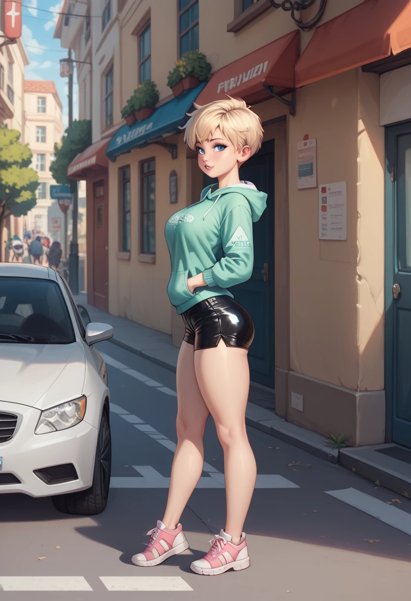 ( teenager ,  ), ,  blue eyes, aqua eyes, (  short blond hair:1.2),Pixie style hair),  thick thighs , Big breasts  .    She wears a light green sweatshirt ,  little black latex shorts ,STANDING ON THE STREET, Side view, full body ,detailed,during the day, dawn,perfect anatomy