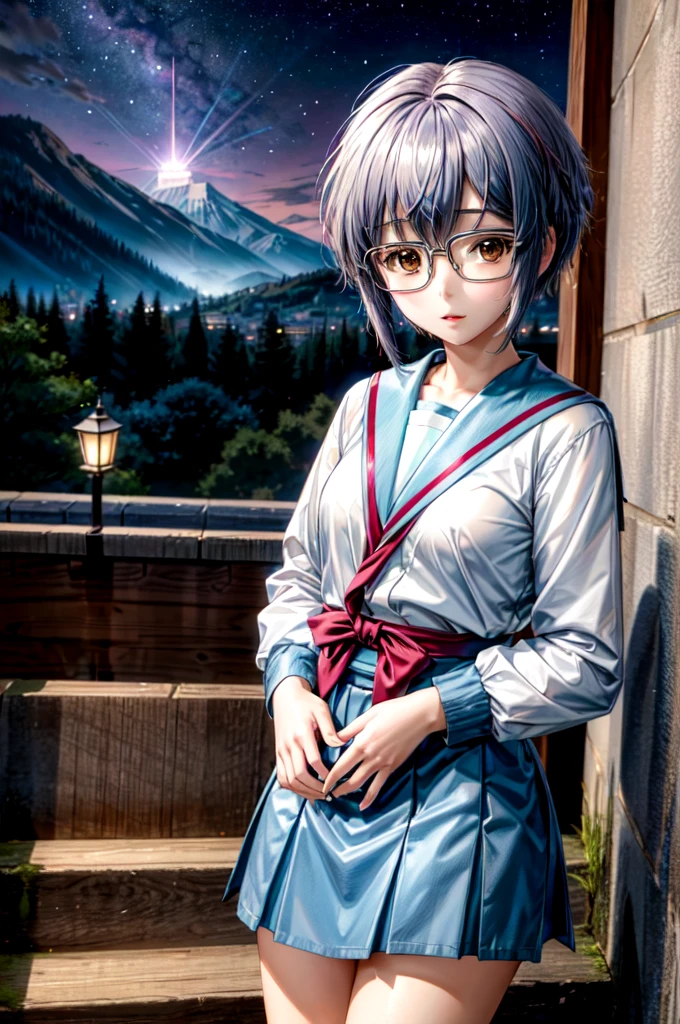 (masterpiece),(best quality),  yuki, blue skirt, glasses, kneehighs, serafuku, summer uniform, stairs, temple, mountain, forest, night, milky way, star, looking at the viewer,