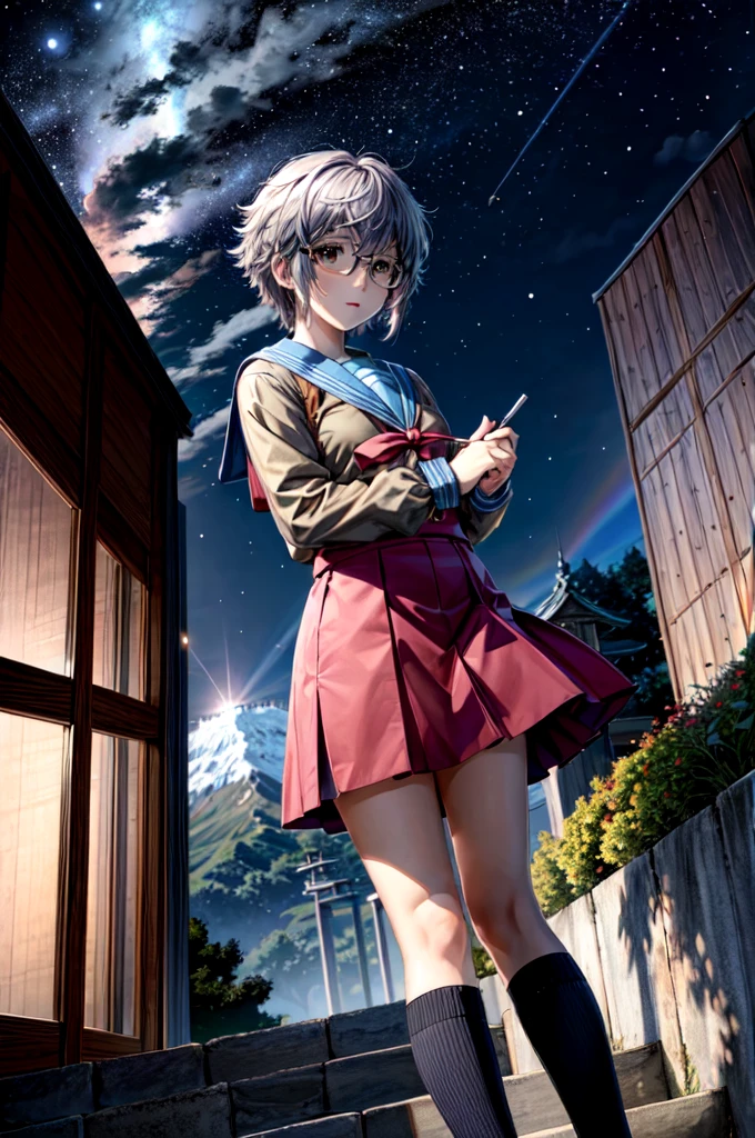 (masterpiece),(best quality),  yuki, blue skirt, glasses, kneehighs, serafuku, summer uniform, stairs, temple, mountain, forest, night, milky way, star, looking at the viewer,