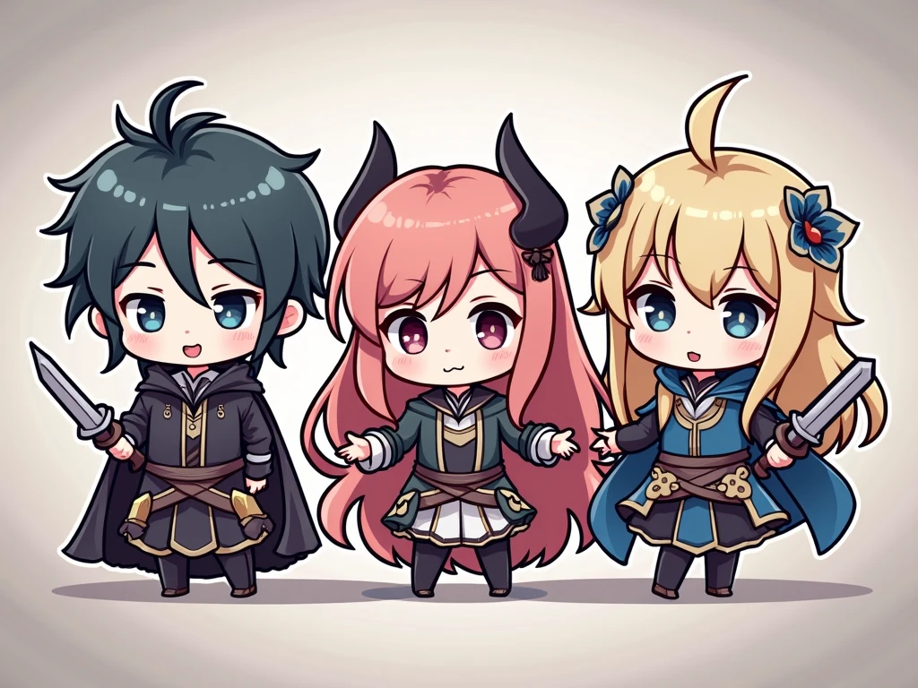  best quality, masterpiece, rpg,Dungeons, from the front、(((可愛いChibi3人パーティーがDungeonsを攻略している))), (３Each person is different　Equipped with weapons suitable for warriors, sorcerers, and charisers )、 dark eyes, (Chibi: 0.6), Random Hair,   cute, 