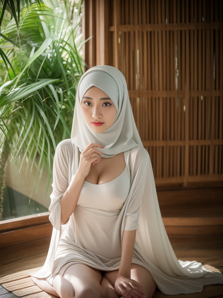  renaissance, javanese, (((hijabi))), cleavage, reflection light, oval face, very beautiful, with modern syar'i hijab, naked, with super transparent decilate tight robe, open robe, showing bare chest and naked vagina, sitting position, with aems at your side, legs extended apart, exposed vagina and chest, perfect leg, detailing vagina, sexy and hot pose, wilted and arousing face, looking at the camera with a lustful and seductive gaze. in a bamboo hut without a roof on a mat, in the side of stone river, with background tropical forest and local homes, chiaroscuro, depth of field, cinematic lighting, ray tracing, Sony FE GM, UHD, super detail, masterpiece, textured skin, high details, best quality, award winning，3D,hdr（HighDynamicRange）,Ray tracing,NVIDIA RTX,Hyper-Resolution,Unreal 5,Subsurface scattering、PBR Texture、post-proces、Anisotropy Filtering、depth of fields、maximum definition and sharpness、Many-Layer Textures、Albedo e mapas Speculares、Surface coloring、Accurate simulation octane rendering of light-material interactions、Two-colored light、largeaperture、Low ISO、White balance、the rule of thirds、8K raw data