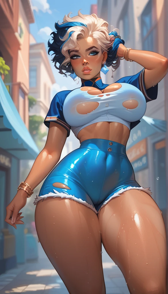 Latina americana,  huge and soft butt tight under the ripped shorts ,  huge and soft breasts, super tight under the white and transparent and torn shirt, thin waist,  thick and soft thighs tight under the ripped shorts ,  lightly tanned , Indigo blue eyes,  almost white blond hair , Gala makeup ,  full and wet lips , Preciso, Anatomicamente correto, Melhor qualidade, Detalhe, Modelo HD, Super detalhe, Ultra HD, 