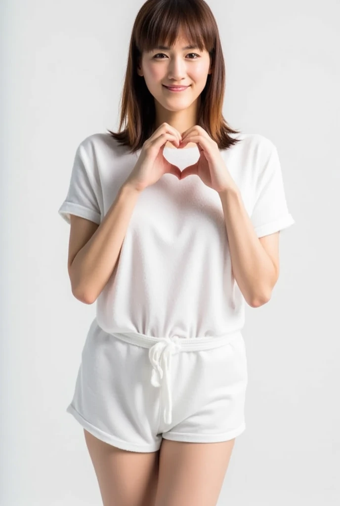 Only one woman with a cute smile wears cute, fluffy off-shoulder pajamas, makes a big heart shape with both hands, and poses them in front of her chest, View above collarbone、The background is a monotone 、
