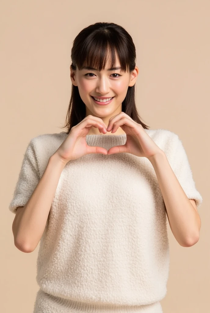 Only one woman with a cute smile wears cute, fluffy off-shoulder pajamas, makes a big heart shape with both hands, and poses them in front of her chest, View above collarbone、The background is a monotone 、
