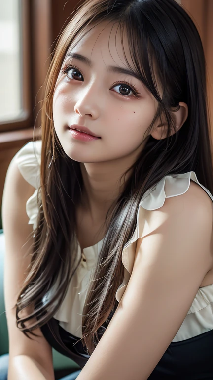 look at the camera、looking down from above、black eye、Clear eyes、15 years old、droopy eyes