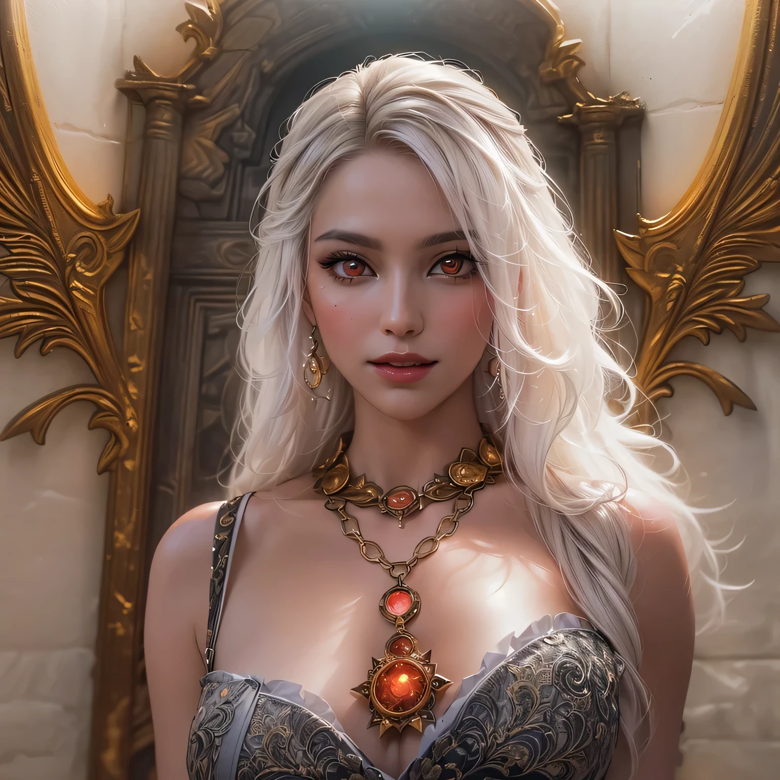 Photorealistic, high resolution, Soft light,1womanl, Solo, hips up high, glistning skin, (Detailed face),Tattooed with, jewelry, chainmail, Night, White hair, Wavy hair, Beautiful soldiers, Catch the audience's eye, Lover's perspective, Invitation expression, Sexy smile, Perfect style, Perfect balance, Detailed skin, mischievous gaze, chest visible