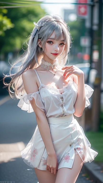 double whirlwind pattern design garment，Iris heterochromatic pupil，silver-haired girl，free high resolution,off shoulders、Off-the-shoulder semi-transparent pure white dress