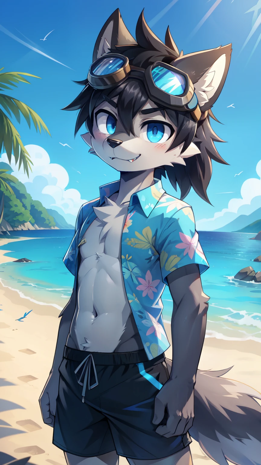 score_9,score_8_up,score_7_up, source_cartoon, source_furry, Furry shota, BREAK wolf, black hair, messy hair, long messy ponytail, blue eyes, detailed body fur, ((goggles, blue aloha shirt, open clothes, short sleeves, black swim trunks)), looking at you, fangs, two tone body fur, grey body fur, clear grey body fur, detailed face, big eyebrows, detailed eyes, detailed body, detailed body fur, detailed hands, glistering body, shiny body, skinny, beach, :3, glowing blue eyes, motion blur, thick outline, anthropomorphic, countershading, countershade_fur, standing, 