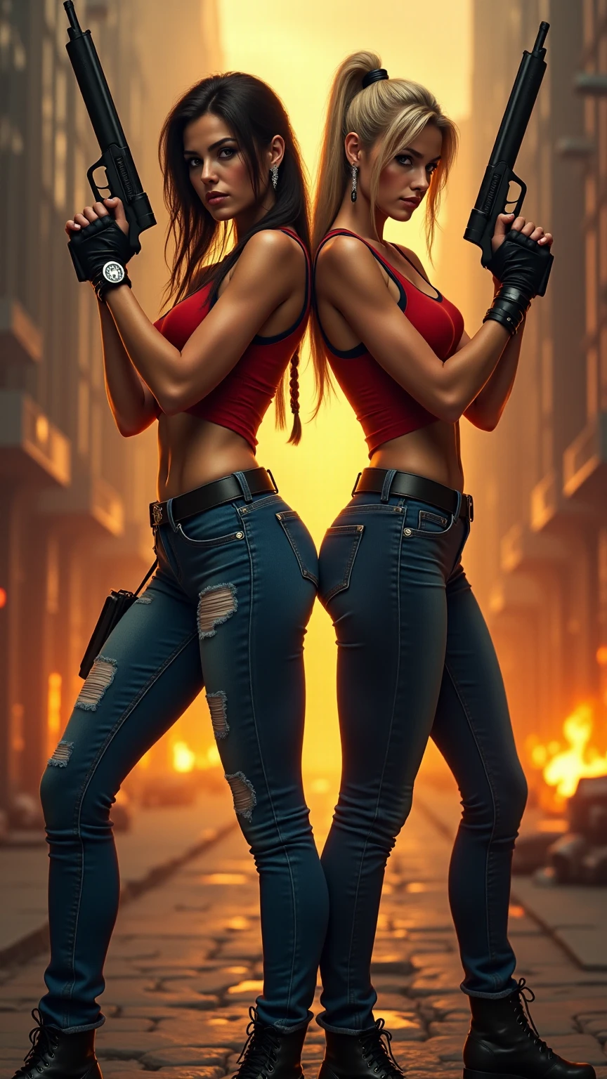 **Lara Croft and Jill Valentine, with their guns drawn, posing for the camera in a character poster art, full-body shot, with detailed facial features and hands, wearing blue jeans and a red tank top, skin-tight , muscular build, in a dynamic pose, against a burning city background, in the style of digital painting, cinematic, and concept art, hyper-realistic, in the style of Artgerm, WLOP, Greg Rutkowski, and Alphonse Mucha. 