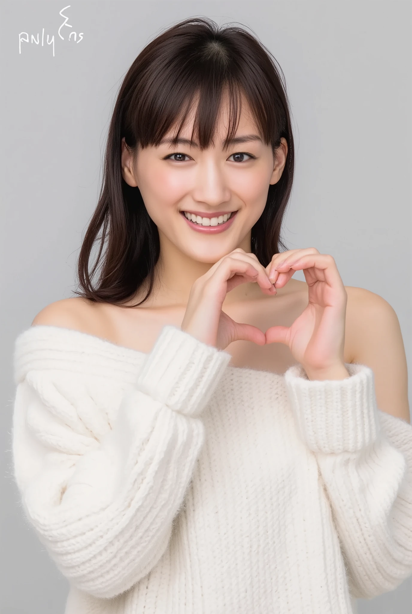 Only one woman with a cute smile wears cute, fluffy off-shoulder pajamas, makes a big heart shape with both hands, and poses them in front of her chest, View above collarbone、The background is a monotone 、
