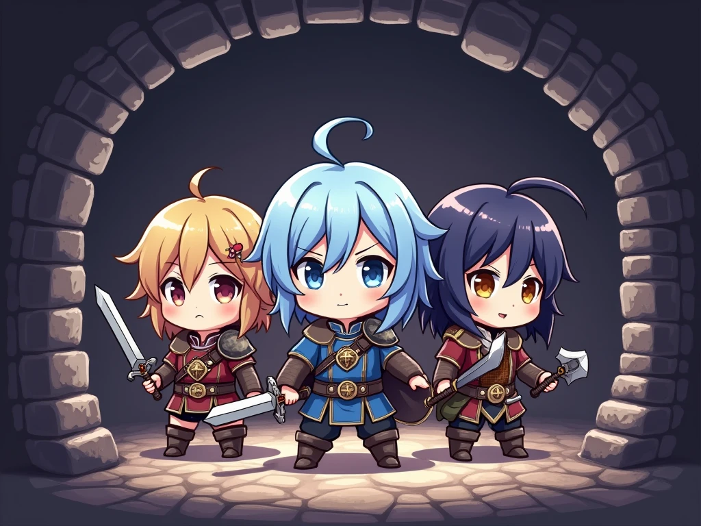  best quality, masterpiece, rpg,(((Exploring dungeon interiors))),( from the front)、(((可愛いChibi3人パーティーがダンジョンを攻略している))), (３Each person is different　Equipped with weapons suitable for warriors, sorcerers, and charisers )、大きなcute目, (Chibi: 0.6), Random Hair,   cute, 