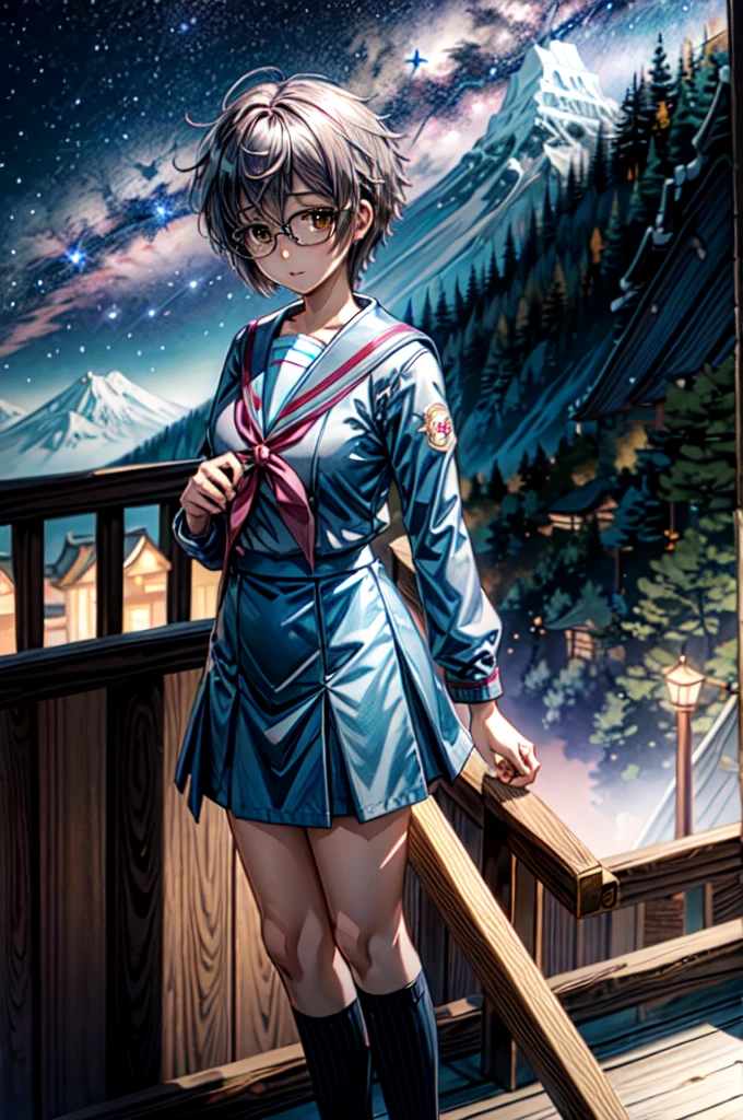 (masterpiece),(best quality),  yuki, blue skirt, glasses, kneehighs, serafuku, summer uniform, stairs, temple, mountain, forest, night, milky way, star, looking at the viewer,