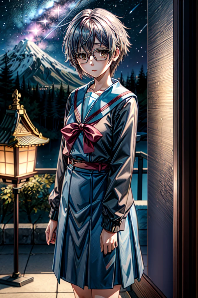 (masterpiece),(best quality),  yuki, blue skirt, glasses, kneehighs, serafuku, summer uniform, stairs, temple, mountain, forest, night, milky way, star, looking at the viewer,