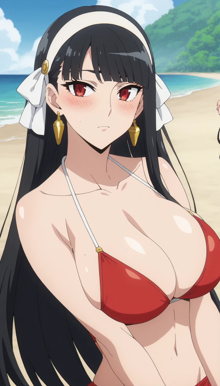 Prompt: (huge gigantic super mega hyper:1.1),(biggest round giant massive :1.1), (only one women), front view ,sexy poses,beach,bikini, source_anime,masterpiece,best quality,highres,absurdres,official art,official style,source_anime,anime screencap,anime coloring,megami magazine,anime,animated,explicit, shiny skin,large breasts,  black hair , yor ,spyxfamily,blush, side, on side,   yor,black hair, red eyes, gold earrings, looking at viewer,long hair with long locks, sidelocks, white hairband, hair ribbon,