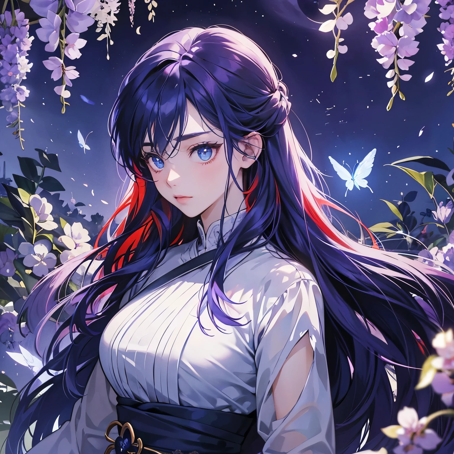 Best Images,  Demon Slayer, Final selection , wisteria flower、Moonlit Night, Illuminated by the moon , shy,  shining blue big eyes , Large percentage,  has a nichirin sword,  professional lighting,anime, glitter、Lots of blue butterflies、Black clothes、Red Hair、woman、