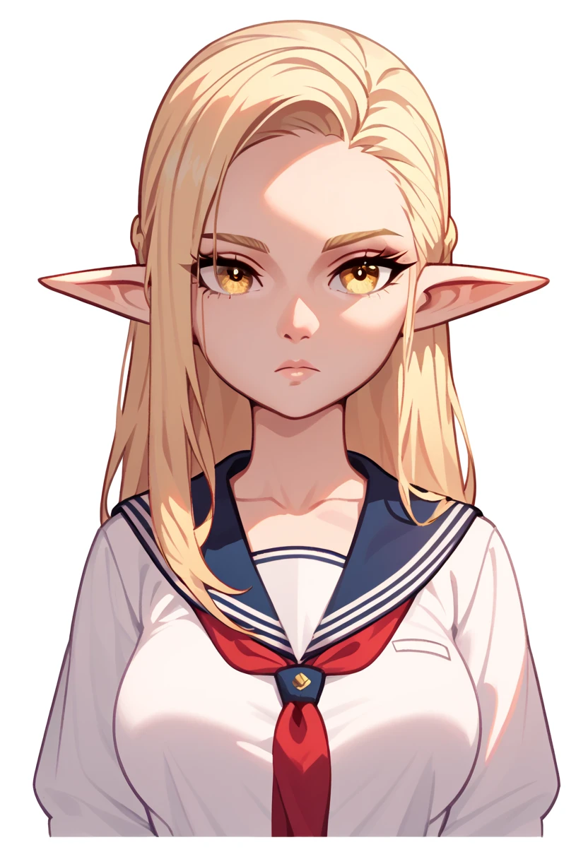 score_9, score_8_up, score_7_up, score_6_up, score_5_up, score_4_up, show accurate, (((portrait))), (solo), white background, (girl, younger, elf), long blonde hair, golden eyes, expressionless, big breasts, serafuku,