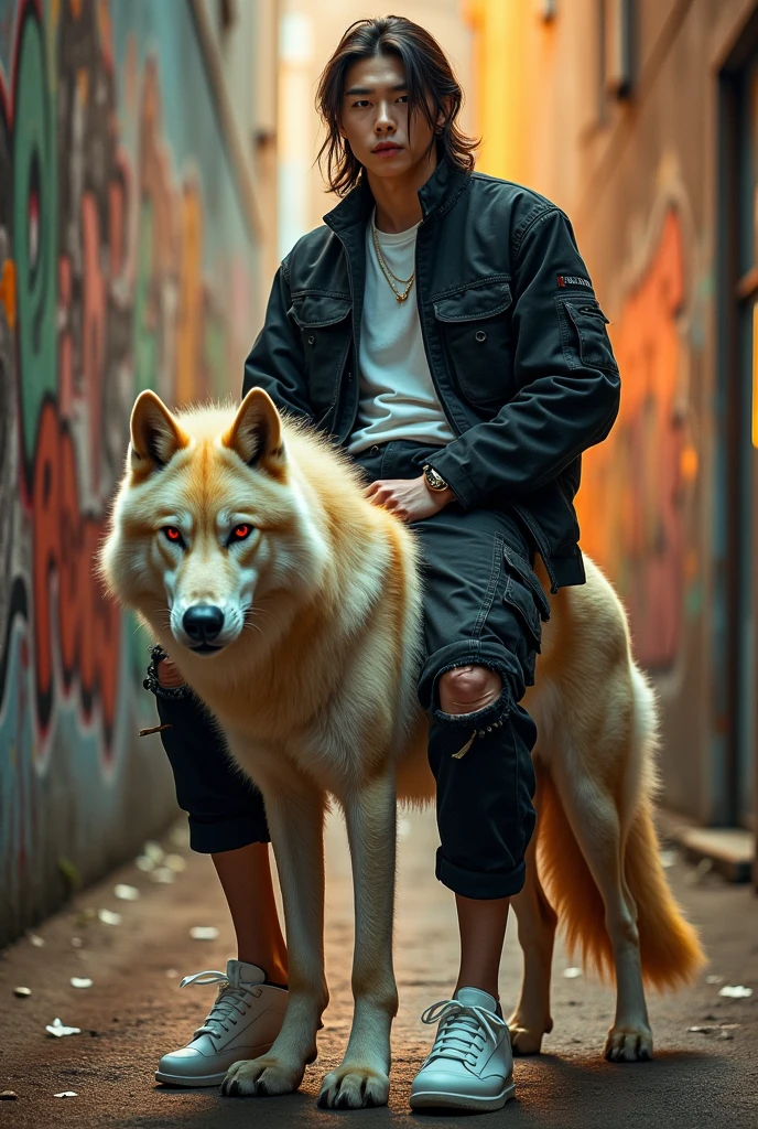 change background to cyberpunk, handsome boy, ultra realistic face, with black dog