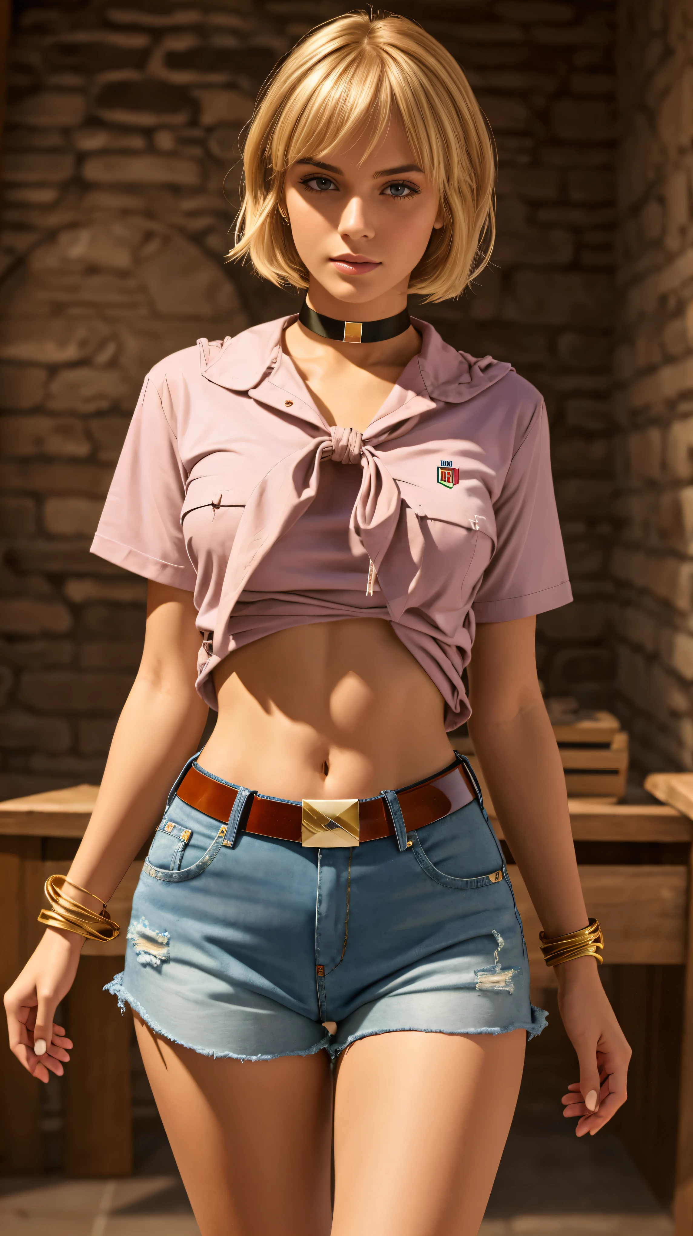 A beautiful Italian girl model is languishing in slavery in an dungeon of the English haunted castle, Blonde, short bob hairstyle, straight bangs, Italian face type, beautiful makeup, deeply tanned skin, dimples on her cheeks, brown eyes, slender sexy figure, girl dressed in pink tied T-shirt and very short denim shorts with a belt, slave choker, hands behind back handcuffed and shackled, long slender sexy legs, posing, flirting, hot summer outfit, Daisy Dukes style, highest quality, hyperrealism, beauty