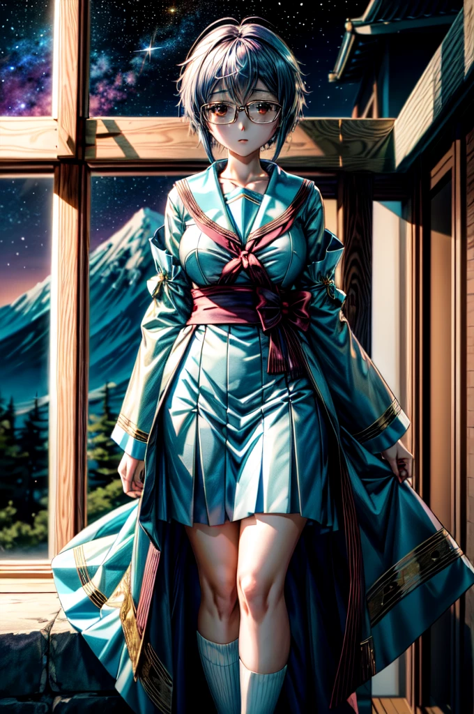 (masterpiece), (ultra-high detail), (best quality), Yuki with a serene expression, wearing a meticulously detailed blue skirt and glasses, dressed in a precisely designed serafuku summer uniform with intricate kneehighs. She stands gracefully on ancient temple stairs, surrounded by a lush, dense mountain forest at night. The Milky Way and countless stars illuminate the sky, casting a magical and ethereal glow over the entire scene. Yuki gazes directly at the viewer with a sense of wonder, as the serene ambiance encapsulates the beauty of the moment.