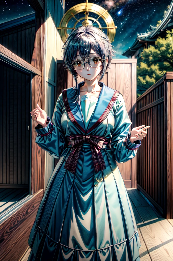 (masterpiece), (ultra-high detail), (best quality), Yuki with a serene expression, wearing a meticulously detailed blue skirt and glasses, dressed in a precisely designed serafuku summer uniform with intricate kneehighs. She stands gracefully on ancient temple stairs, surrounded by a lush, dense mountain forest at night. The Milky Way and countless stars illuminate the sky, casting a magical and ethereal glow over the entire scene. Yuki gazes directly at the viewer with a sense of wonder, as the serene ambiance encapsulates the beauty of the moment.