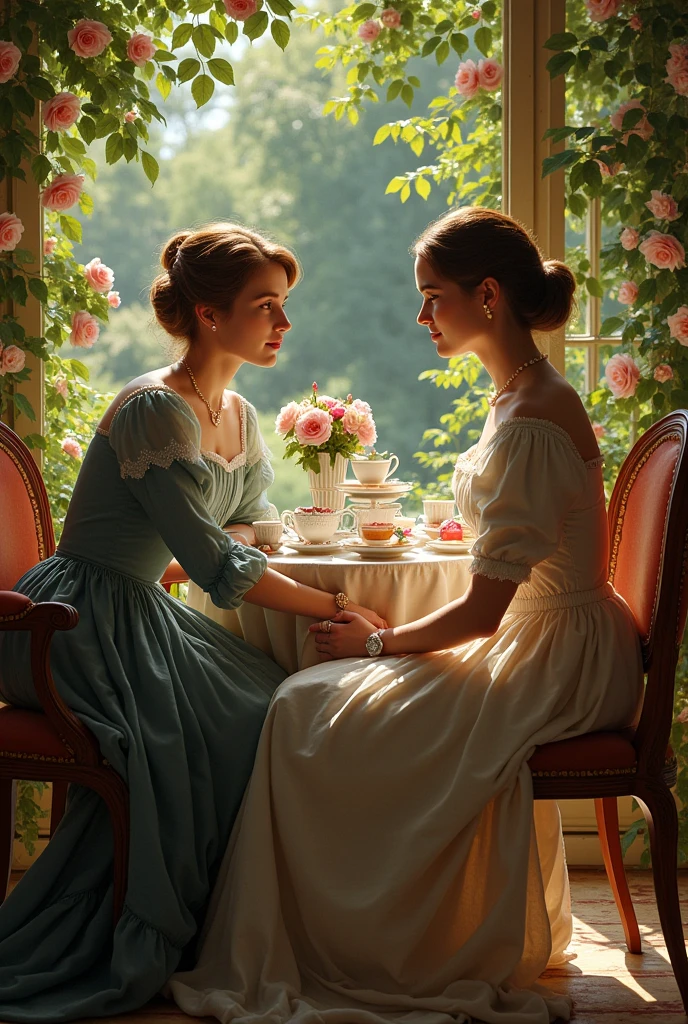 A lady enjoying teatime with a high-quality ceramic teacup、A butler stands next to her with his back to her、White transparent costume、Window、Beautiful garden view、Luxurious furnishings、Depth of written boundary、Intricate drawing、