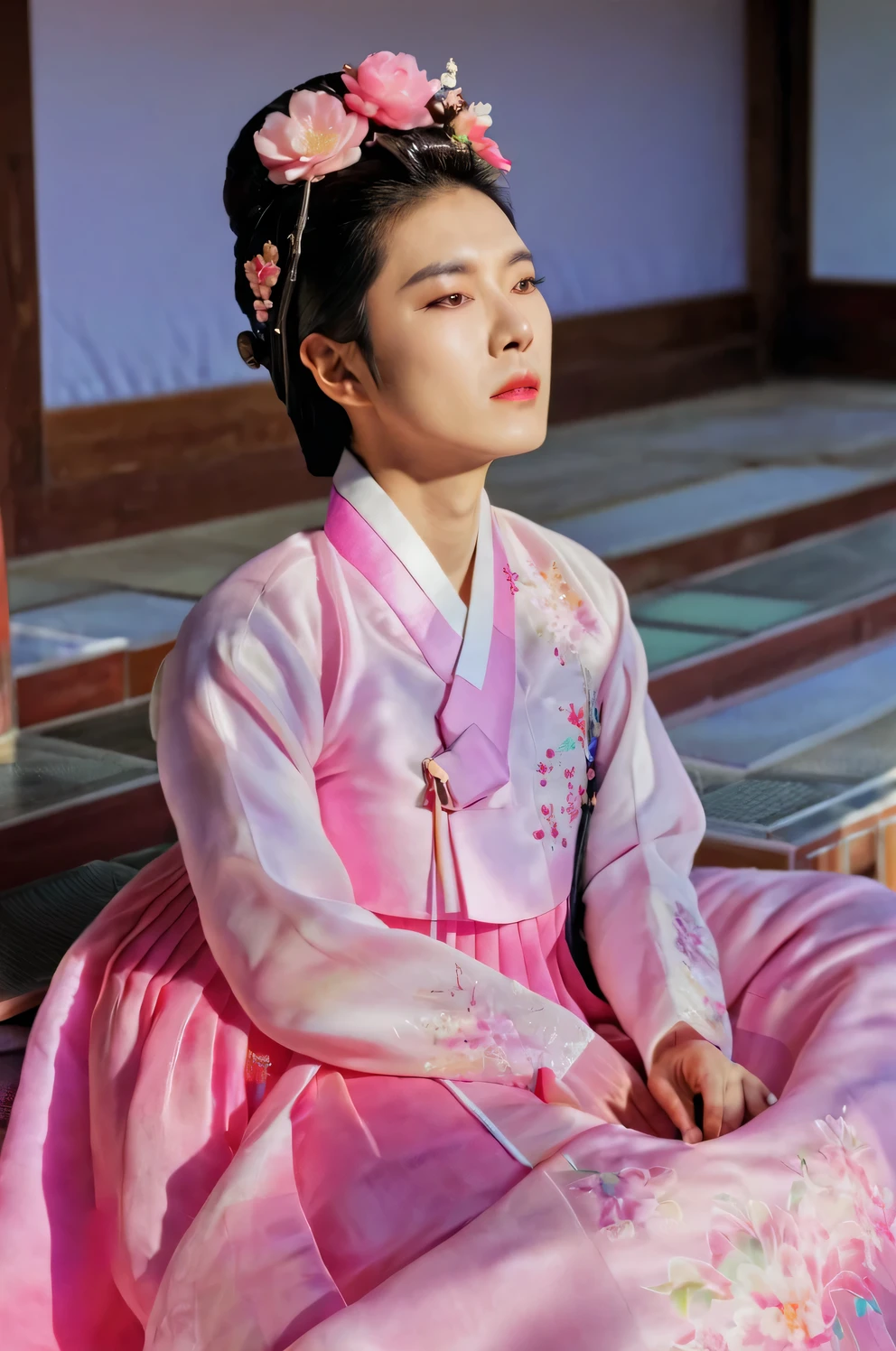 A Korean man in women's hanbok, hi is crossdresser, His face and hairstyle are very masculine, silk, Mother of the Bride hanbok Dress Outfit, breasts like a woman, pink and red, slender female body, floral pattern, satin, sit quietly