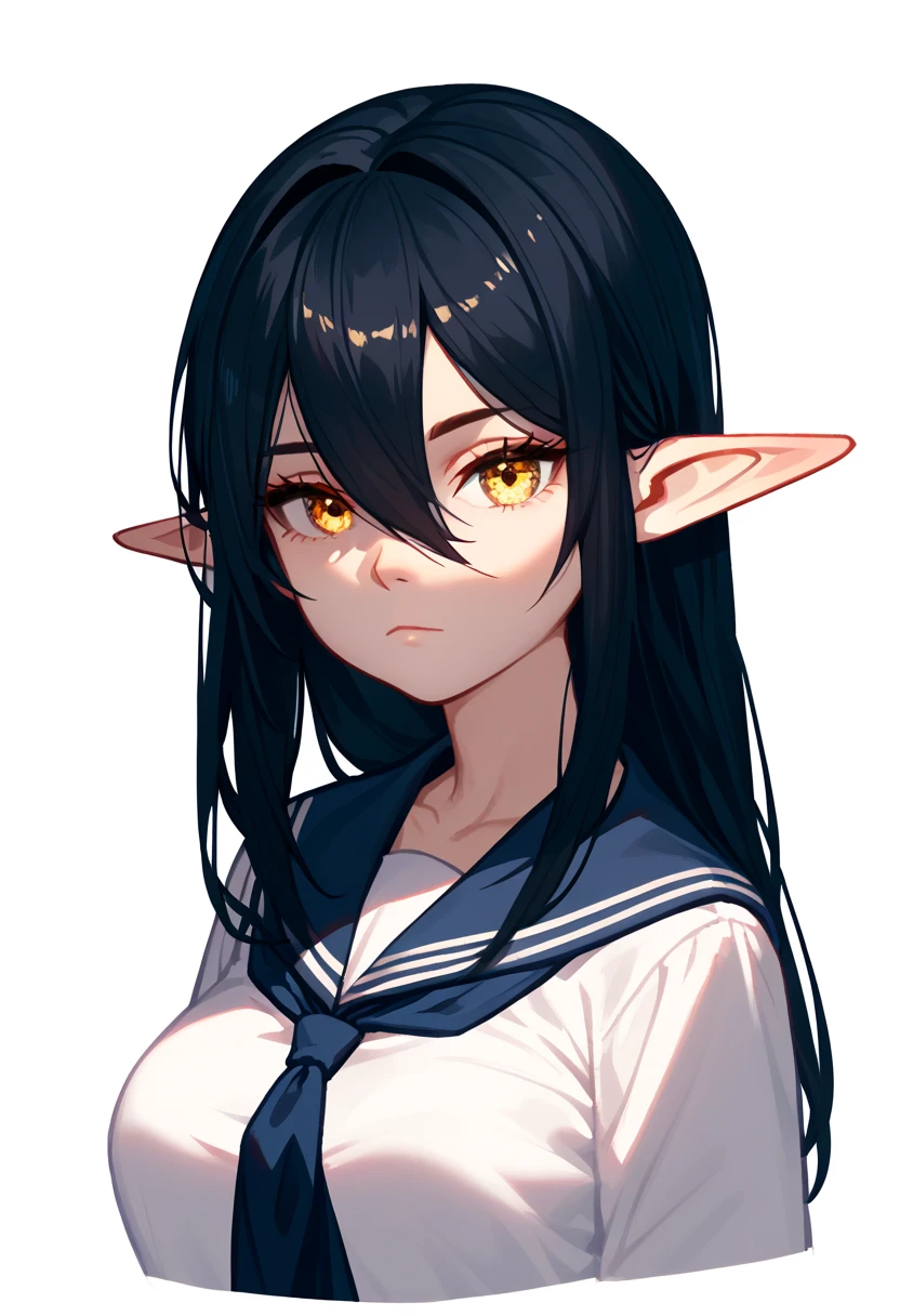 score_9, score_8_up, score_7_up, score_6_up, score_5_up, score_4_up, show accurate, (((portrait))), (solo), white background, (girl, younger, elf), long black hair, hair between eyes, golden eyes, expressionless, big breasts, serafuku,