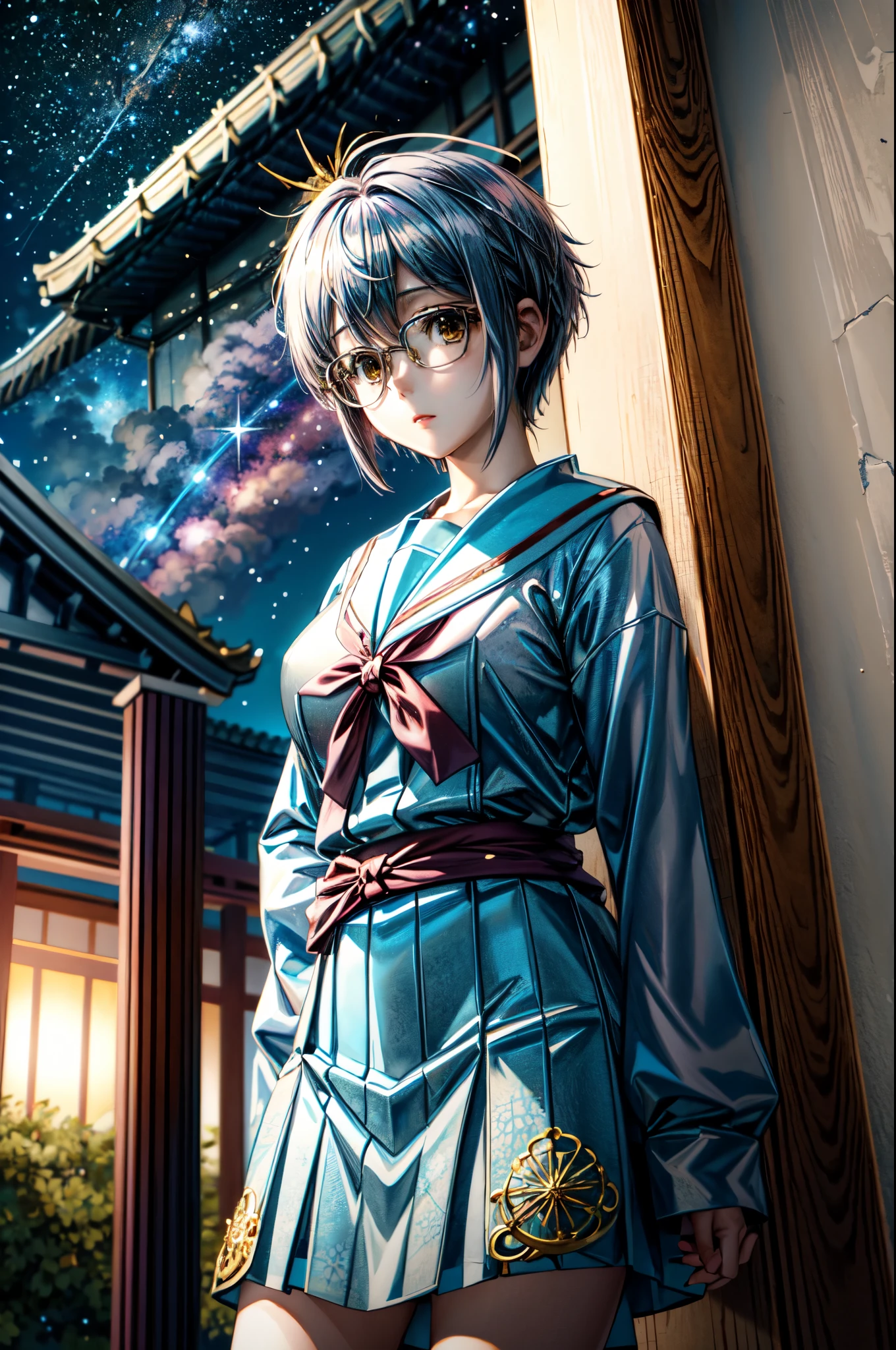 (masterpiece), (ultra-high detail), (best quality), Yuki with a serene expression, wearing a meticulously detailed blue skirt and glasses, dressed in a precisely designed serafuku summer uniform with intricate kneehighs. She stands gracefully on ancient temple stairs, surrounded by a lush, dense mountain forest at night. The Milky Way and countless stars illuminate the sky, casting a magical and ethereal glow over the entire scene. Yuki gazes directly at the viewer with a sense of wonder, as the serene ambiance encapsulates the beauty of the moment.