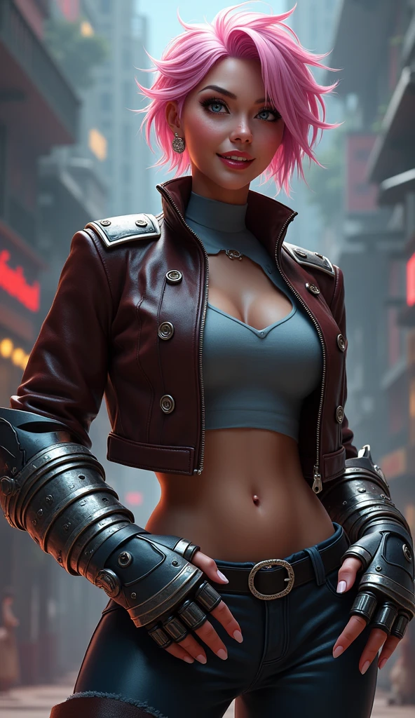 (masterpiece, best quality, art, sfw, by Krys Decker), 1girl, detailed eyes, freckles, short pink hairs, ((undercut)), leather jacket, night city, cyberpunk, punk, bikini top, small breasts