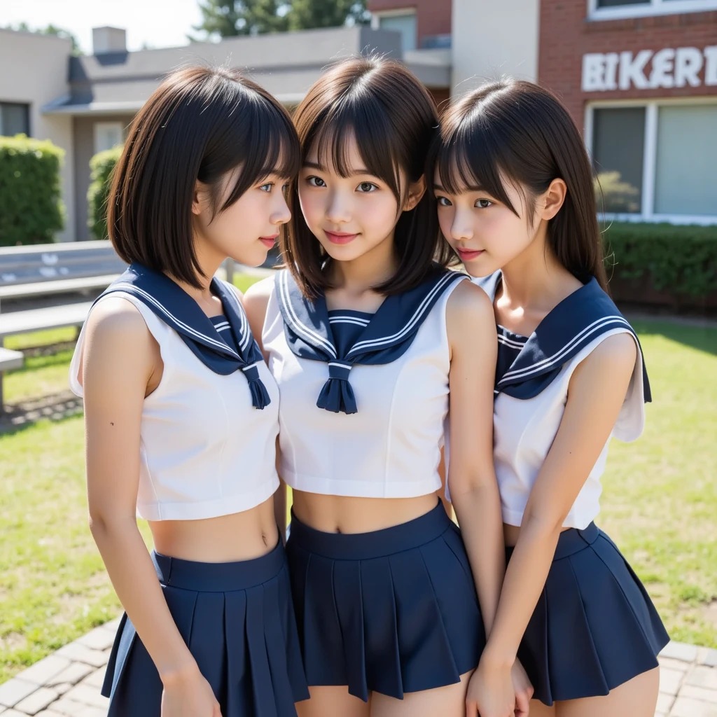 (nsfw:1.5), (masterpiece, best quality:1.2), 3 girls ,   Japanese girl 、18 years old, ,  ( very cute face:1.3),  black hair,  ((I'll flip up the white sailor shirt , Chest exposed,  the navy blue pleated skirt:1.4)), (( slender figure, Small breasts,  Sexy Poses :1.2)), ((( is ecstasy))), (I'm wearing white panties),( in the background is the backyard of the school building:1.2),　(Each one has a different face、 different hairstyles , Bob Hair,  ponytail hair on the face and whole body),(Semen all over the body:1.6), ( beautiful pink nipples :1.2),　
