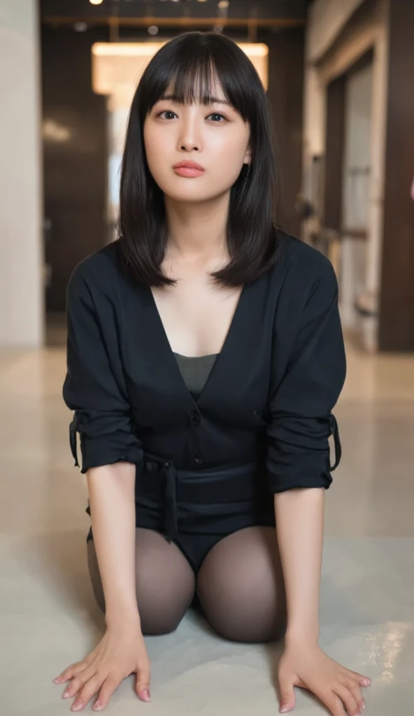 masutepiece, Best Quality, Photorealsitic, finely detail, hight resolution,beautiful japanese woman,beautiful detailed eyes, beautiful detailed lips, extremely detailed face, small head, small areola, cinematic lighting, photorealistic, 8k, high quality, hyper detailed, (looking at viewer:1.3),smile,(dress shirt),(pencil skirt),(short hair:1.2),(random location),(medium breasts:1.2),(inoueseika),slender,beautifull legs,(cleavage:1.3),(sexy posing),mini skirt, (bokeh:1.3) (black pantyhose:1.2),(office lady:1.4),(all fours:1.3)