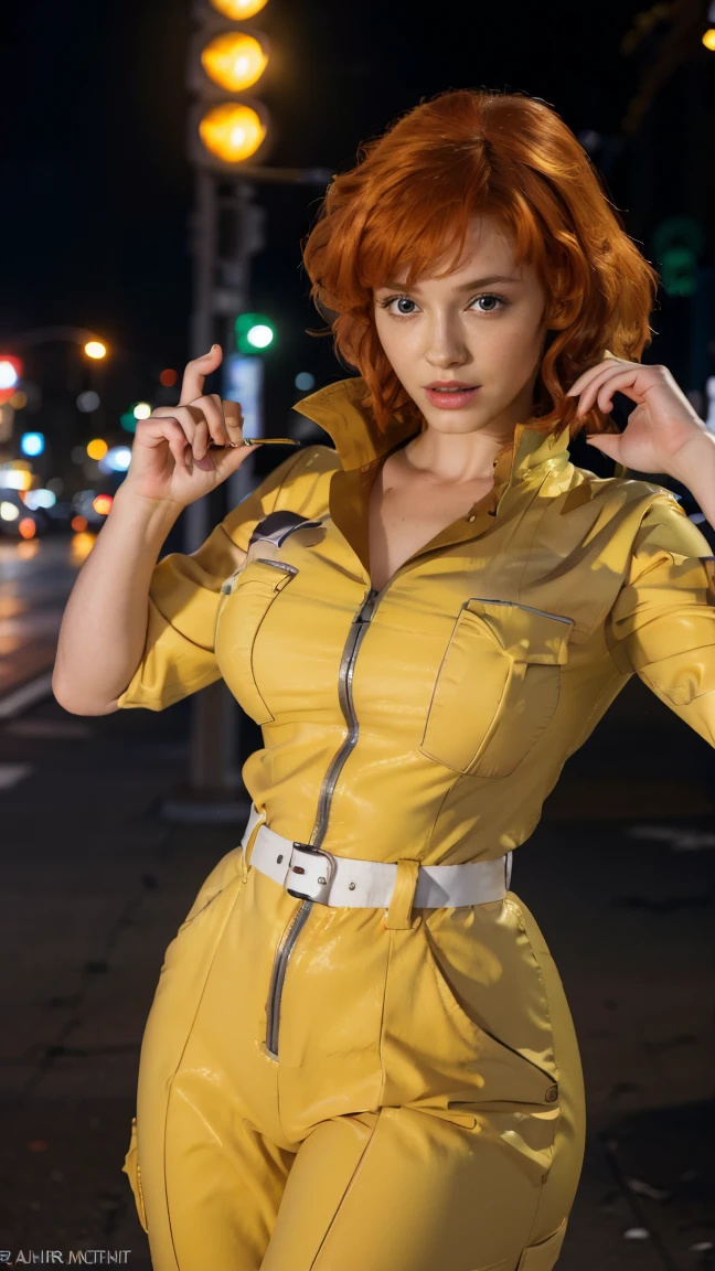 (masterpiece), (best quality), (solo character), (photorealistic:1.4), (chr1sh3n wearing white belt), (April O'Neil_v1 costume, jumpsuit), (yellow jumpsuit), (apriloneil white belt), ), (epiCRealLife), (lora:epiCFlashPhoto), (red hair), (red lipstick), (brown eyes), (young woman), (flashphoto), (night time), (new york city street), (traffic light), (different camera angle shots), (look at viewers), (cowboy shots), (close up body) (gigantic breasts)