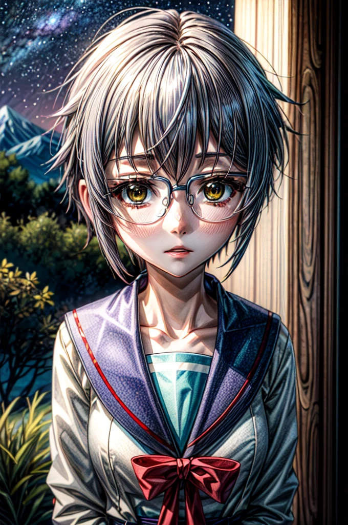 (masterpiece), (ultra-high detail), (best quality), Yuki with a serene expression, wearing a meticulously detailed blue skirt and glasses, dressed in a precisely designed serafuku summer uniform with intricate kneehighs. She stands gracefully on ancient temple stairs, surrounded by a lush, dense mountain forest at night. The Milky Way and countless stars illuminate the sky, casting a magical and ethereal glow over the entire scene. Yuki gazes directly at the viewer with a sense of wonder, as the serene ambiance encapsulates the beauty of the moment.