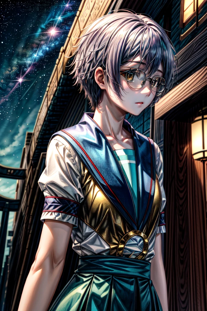 (masterpiece), (ultra-high detail), (best quality), Yuki with a serene expression, wearing a meticulously detailed blue skirt and glasses, dressed in a precisely designed serafuku summer uniform with intricate kneehighs. She stands gracefully on ancient temple stairs, surrounded by a lush, dense mountain forest at night. The Milky Way and countless stars illuminate the sky, casting a magical and ethereal glow over the entire scene. Yuki gazes directly at the viewer with a sense of wonder, as the serene ambiance encapsulates the beauty of the moment.